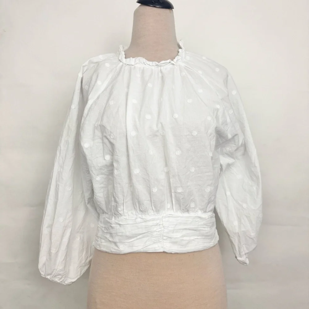 Anthropologie Maeve Maeve Polka Dot Puff-Sleeved Blouse White size 12